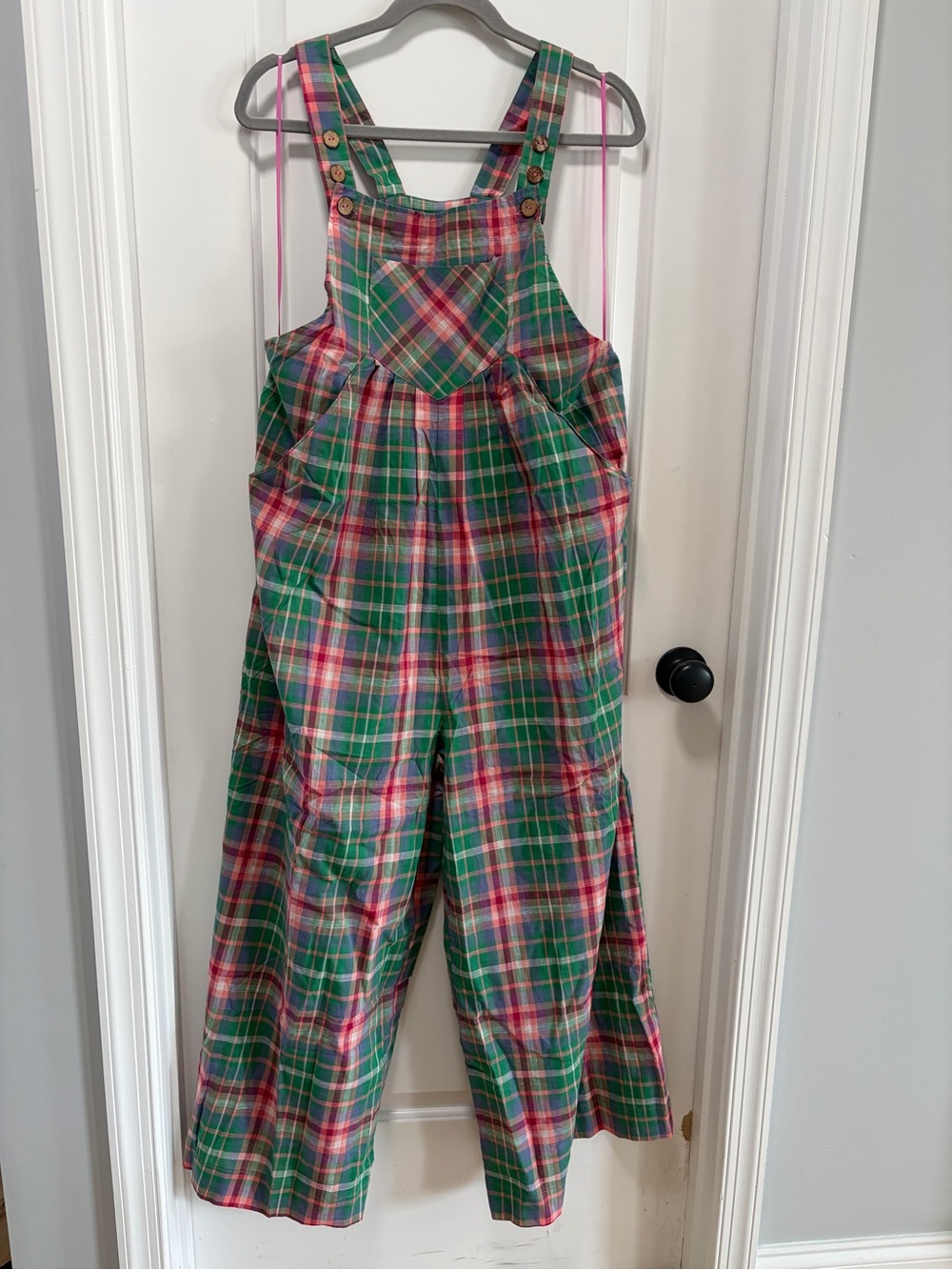 BiBi Green Plaid Wide Leg Overalls NWT size Medium Cotton Colorful Teacher - Picture 4 of 14